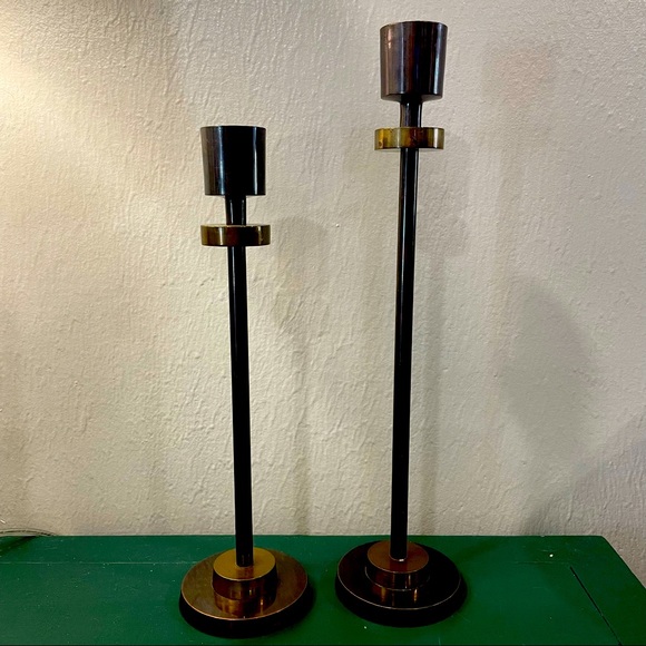 Set of 2 MCM Vintage Brass 2 Tone Candlesticks